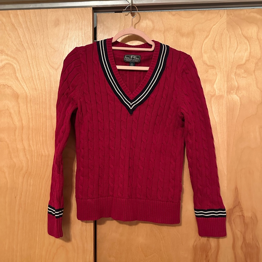 Red Cable Knit V-Neck Sweater